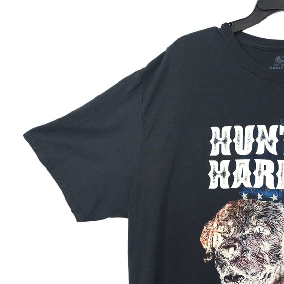 Hunt Hard Graphic T Shirt Mens Size 2XL Retriever Mallard Ducks Flag Tee Black - Picture 10 of 15